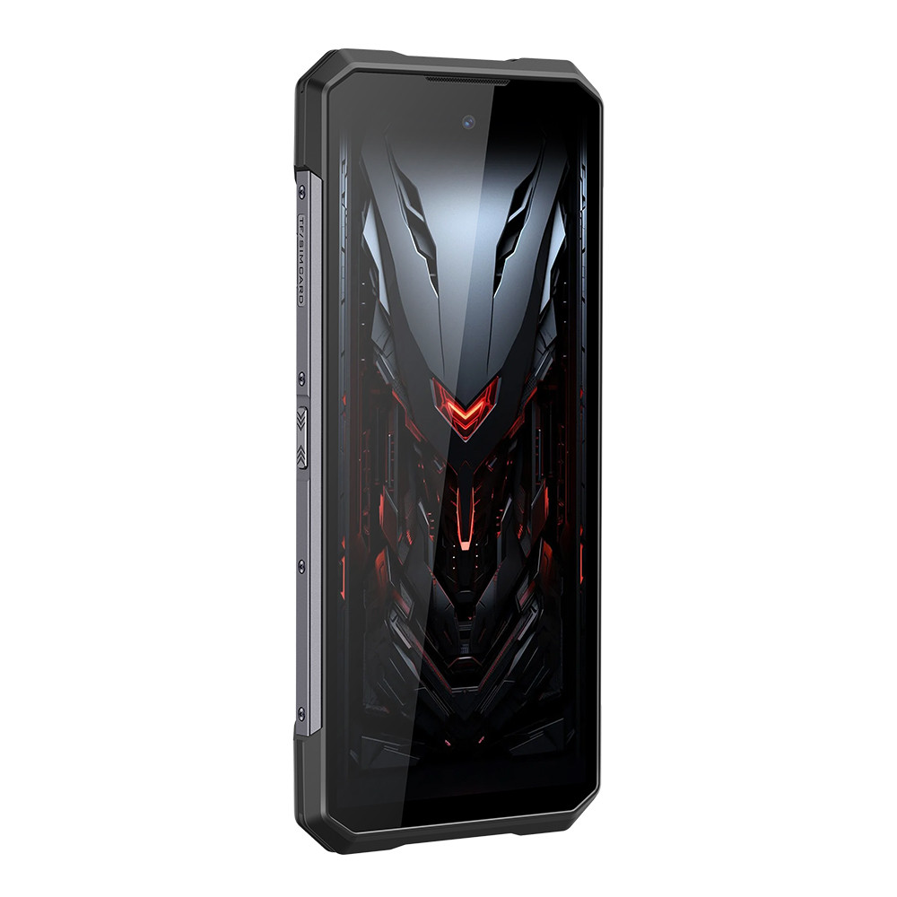 Uno smartphone nero con design meccanico futuristico sullo schermo, illuminato di rosso.