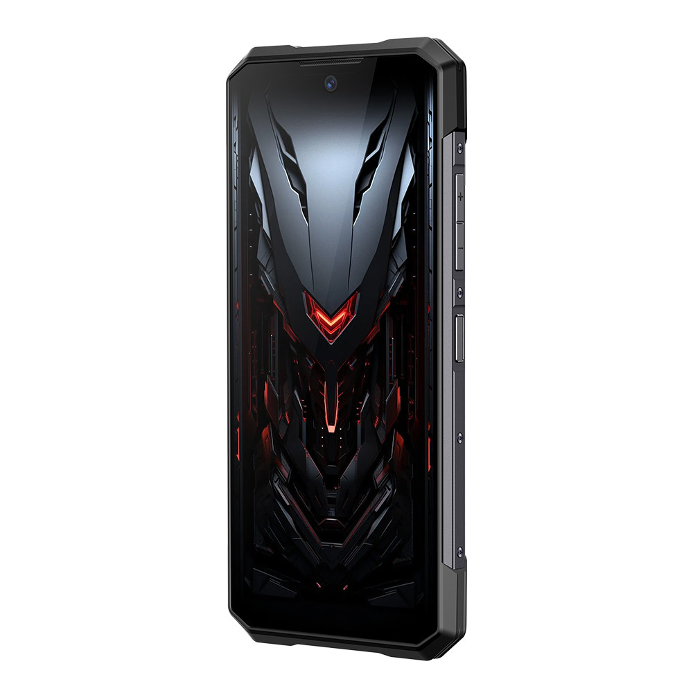 Uno smartphone nero con design meccanico futuristico sullo schermo, illuminato di rosso.