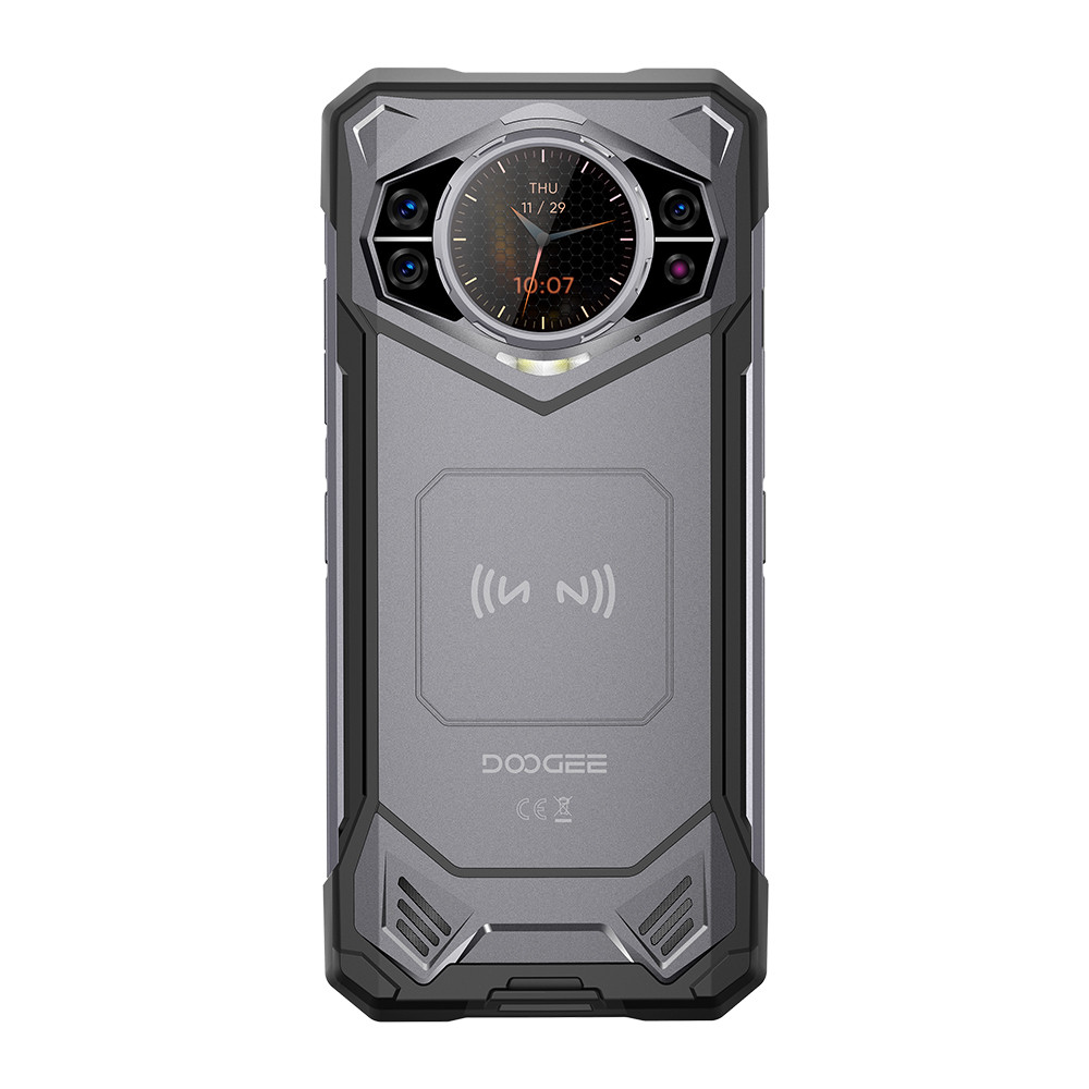 Il retro di uno smartphone grigio robusto con più fotocamere e un display rotondo dell'orologio.