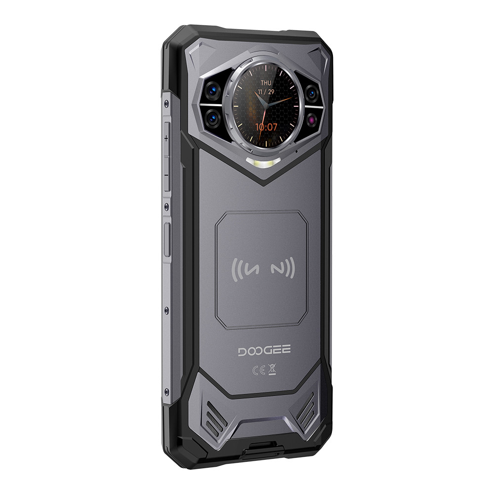 Il retro di uno smartphone grigio robusto con più fotocamere e un display rotondo dell'orologio.