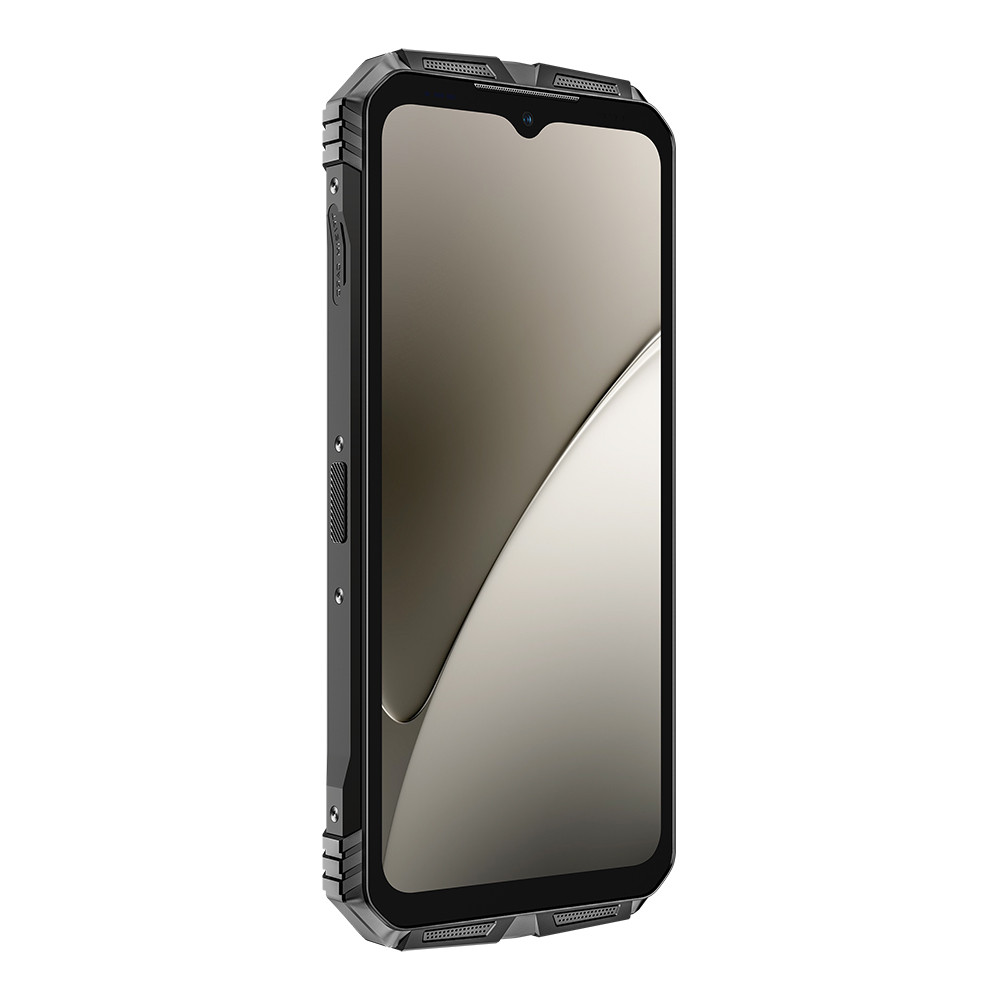 Smartphone nero robusto con schermo che mostra un gradiente da grigio chiaro a scuro.