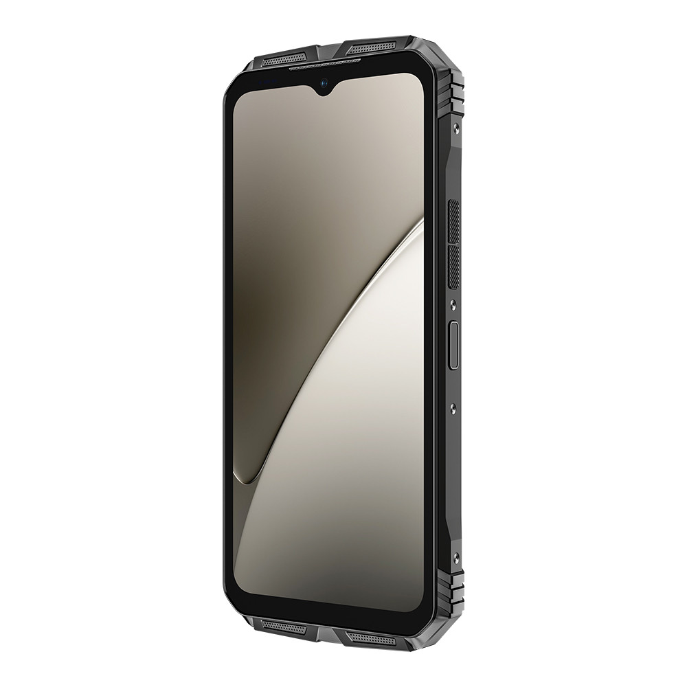 Uno smartphone nero con un ampio schermo che mostra un design grigio curvo e una robusta struttura esterna.