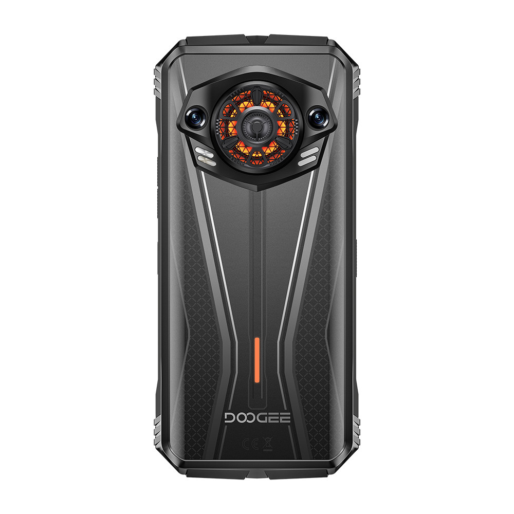 Smartphone nero con design complesso. Ha un sistema a doppia fotocamera e un elemento centrale luminoso unico.