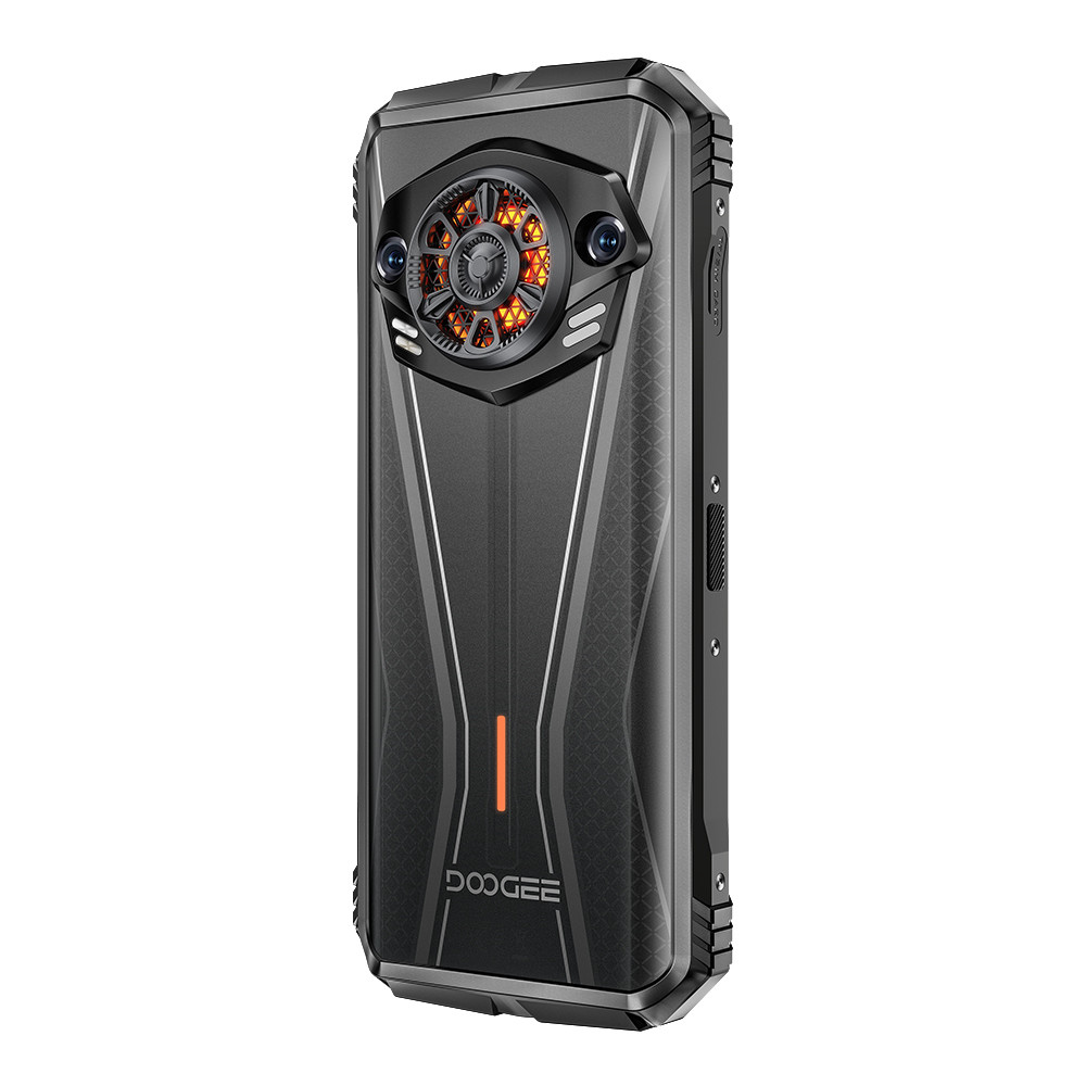 Retro del telefono nero con modulo fotocamera circolare e luce arancione al centro.