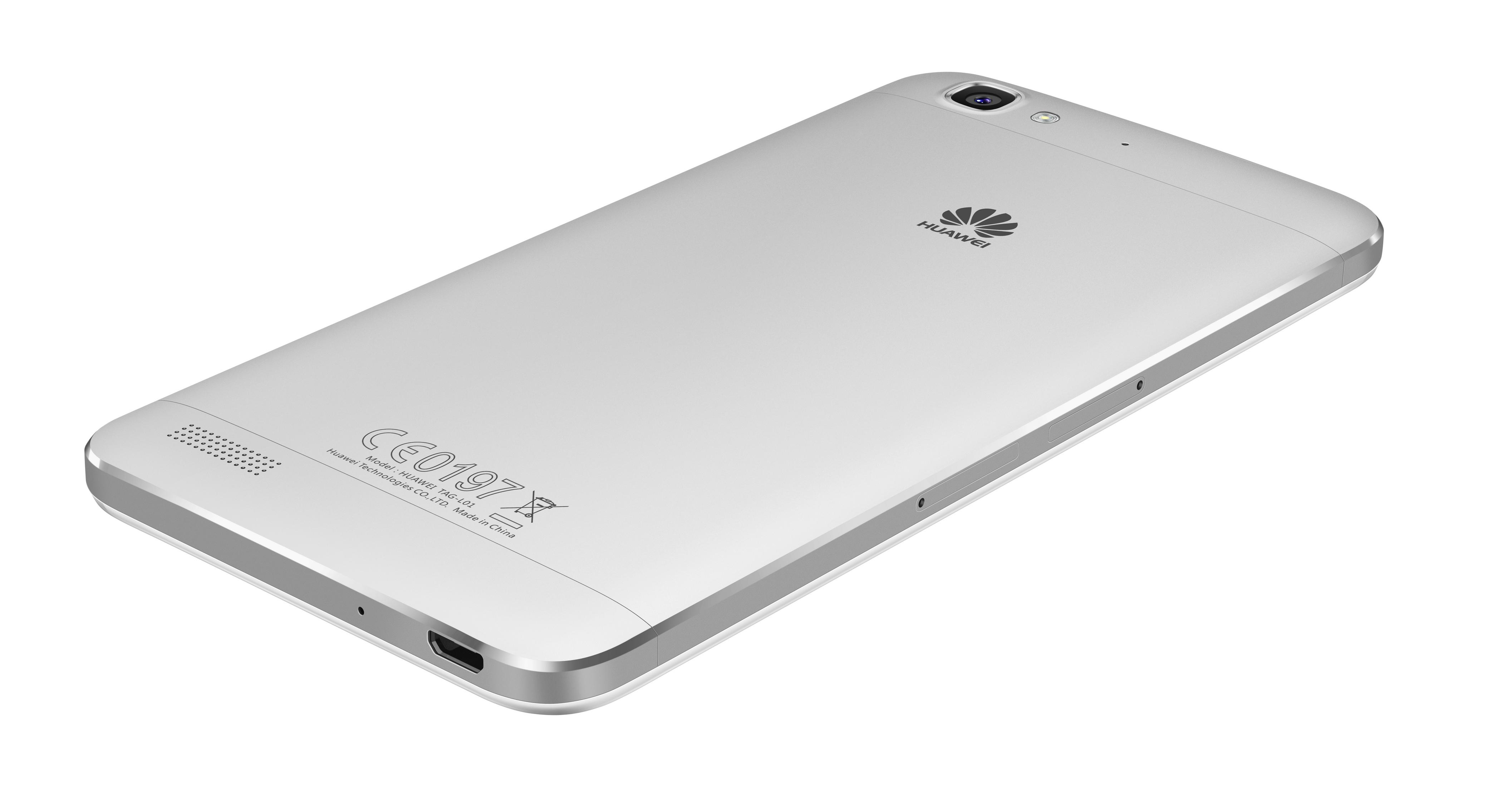 Silbernes Huawei-Telefon, Winkelansicht, zeigt Rückseite mit Kamera, Logo und behördlichen Informationen.