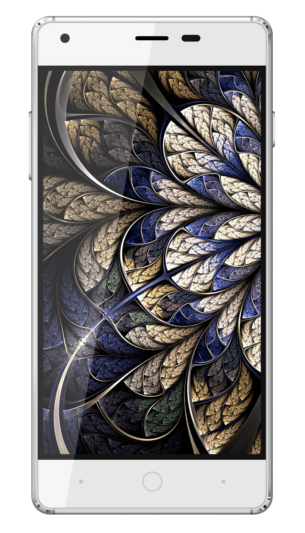 Uno smartphone bianco con un design floreale sullo schermo e uno sfondo bianco.
