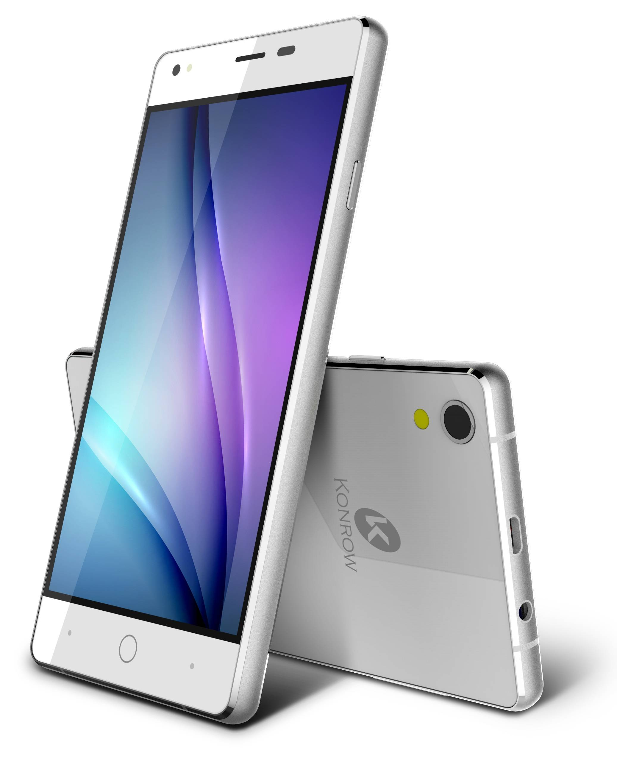 Due smartphone argento e bianchi, uno appoggiato all'altro, che mostrano schermi con gradienti viola e blu.