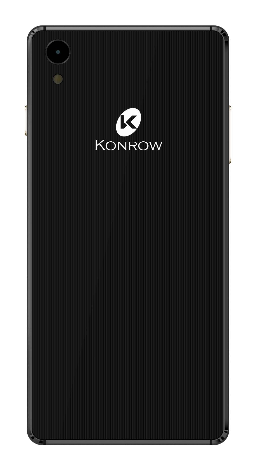 Retro di smartphone nero con una singola fotocamera e il logo Konrow. La parte posteriore è nera, con linee verticali.