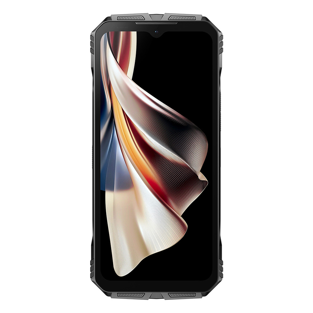 Smartphone nero con immagine astratta colorata. Design robusto.