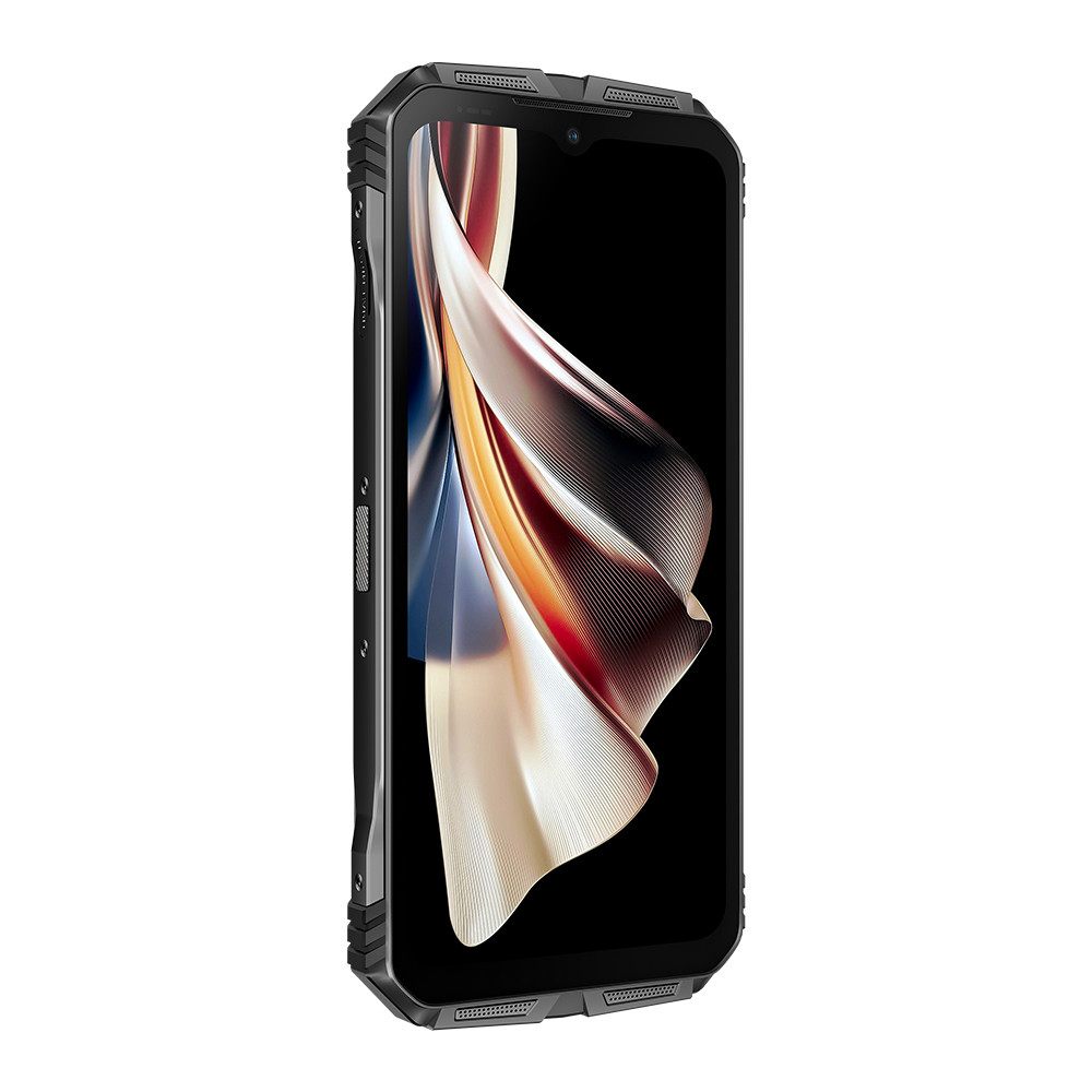 Lo smartphone nero mostra un'immagine astratta colorata sullo schermo. Il telefono ha un design robusto.