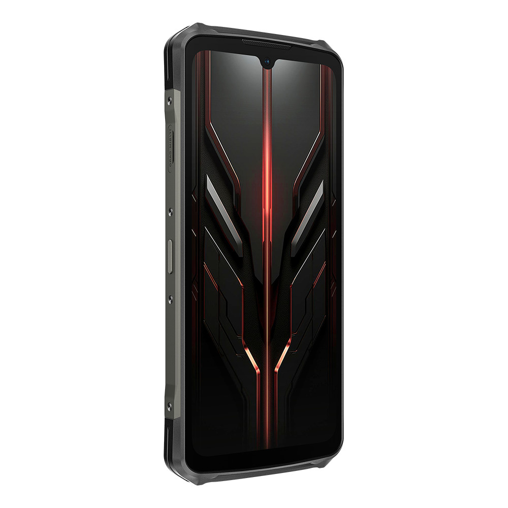 Smartphone nero con grafica rossa e nera sullo schermo. Design robusto e durevole.