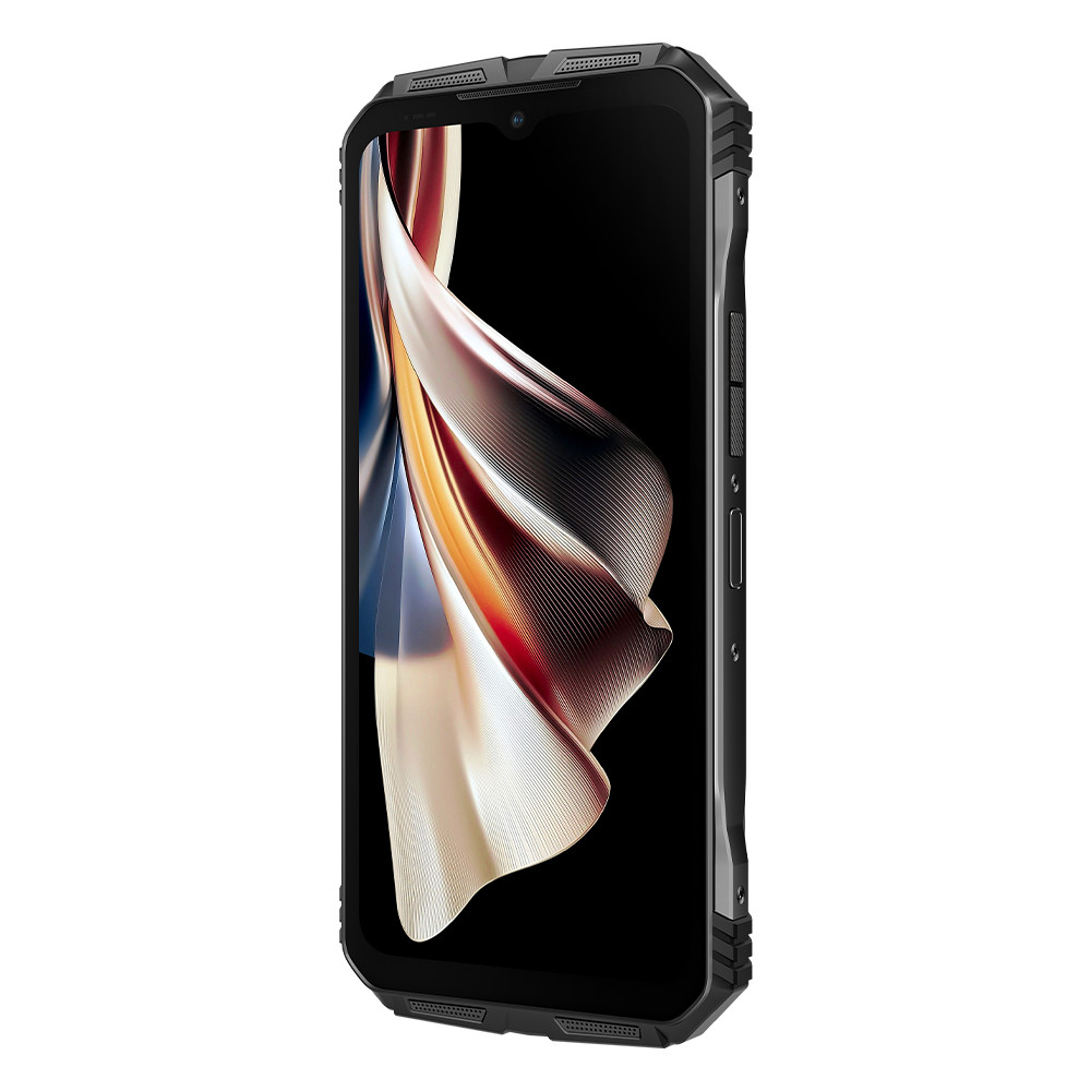 Smartphone nero con immagine astratta colorata. Design robusto, cornice nera.