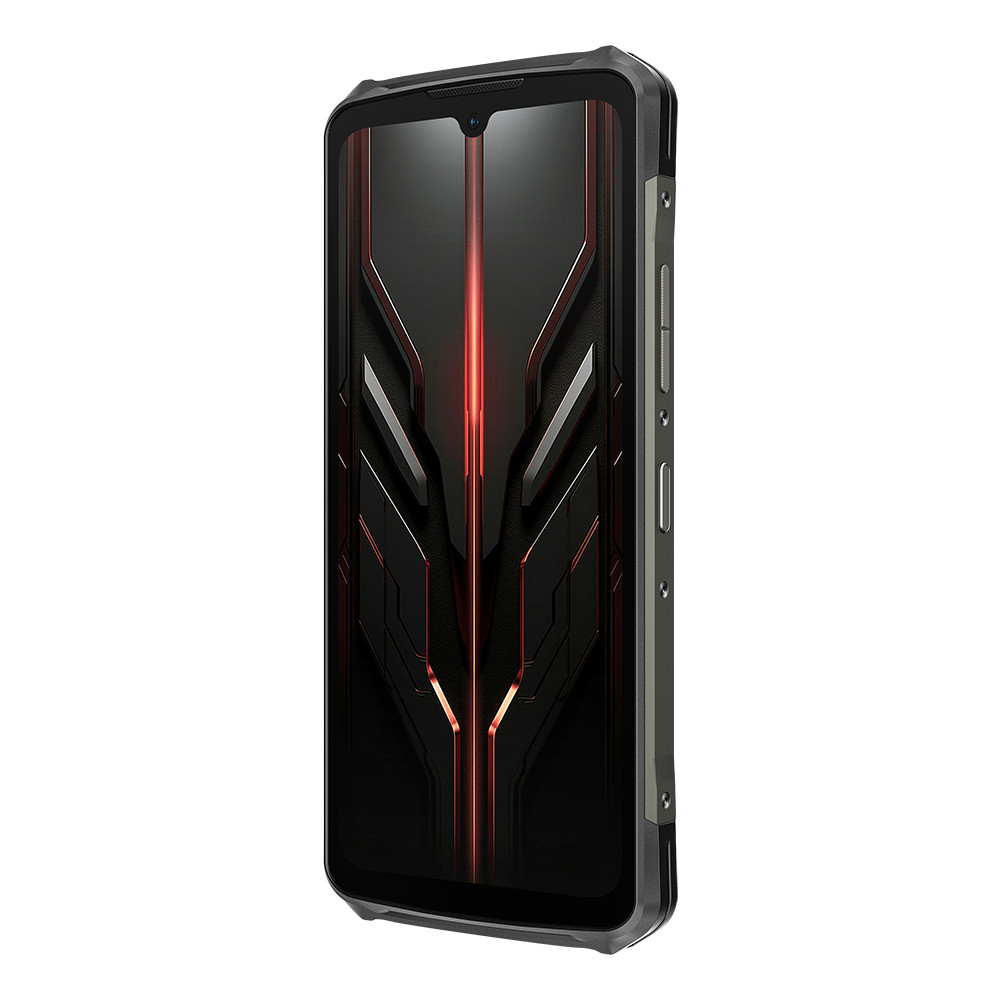 Smartphone nero con design rosso e nero sullo schermo. Vista laterale.