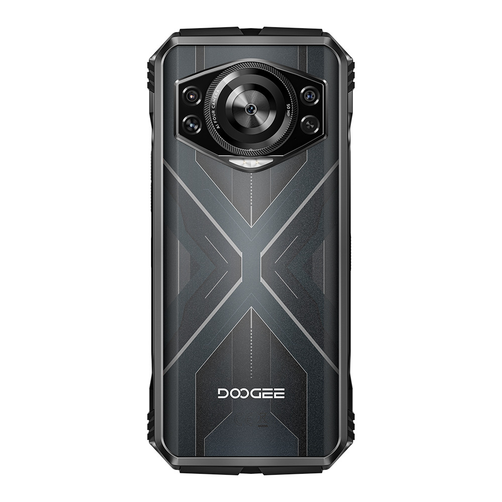 Retro di uno smartphone DOOGEE nero. Con una vasta gamma di fotocamere e il logo DOOGEE.