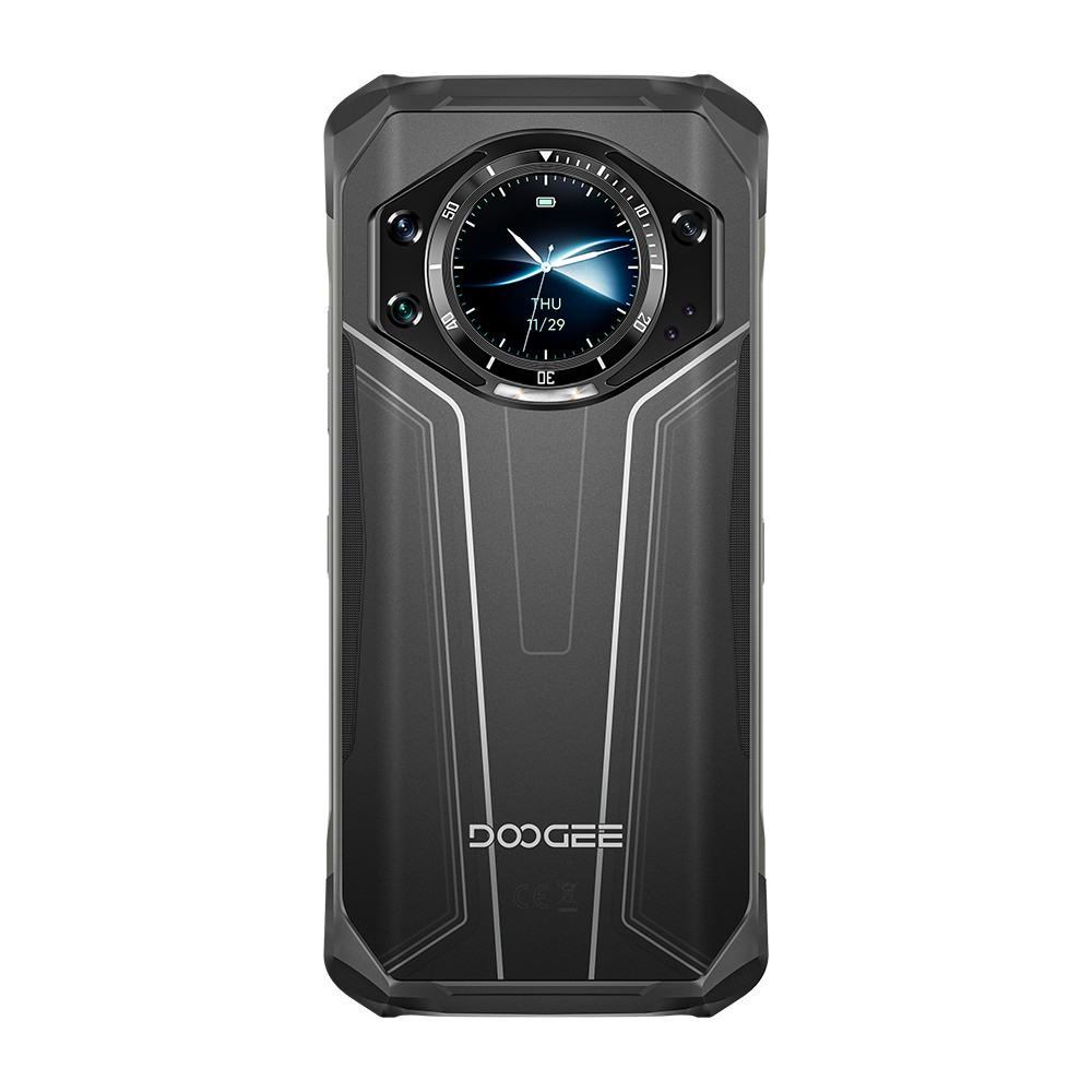 Retro di un telefono rugged Doogee nero. Display dell'orologio e design della fotocamera unico.