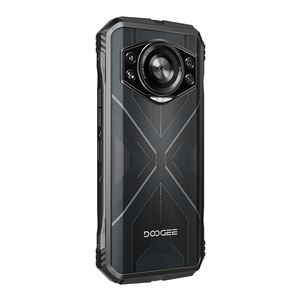 Retro di un telefono Doogee nero con più fotocamere e un design unico.