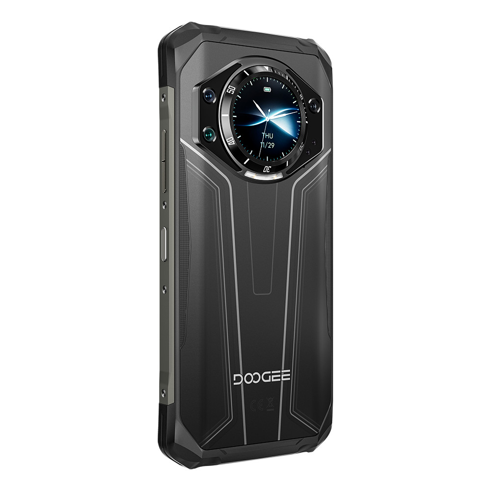 Smartphone nero che mostra un orologio. Il lato ha pulsanti e il logo DOOGEE è visibile.