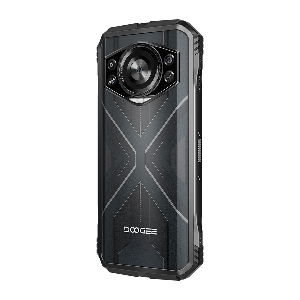 Retro smartphone nero. Obiettivo grande, design a croce e logo DOOGEE.