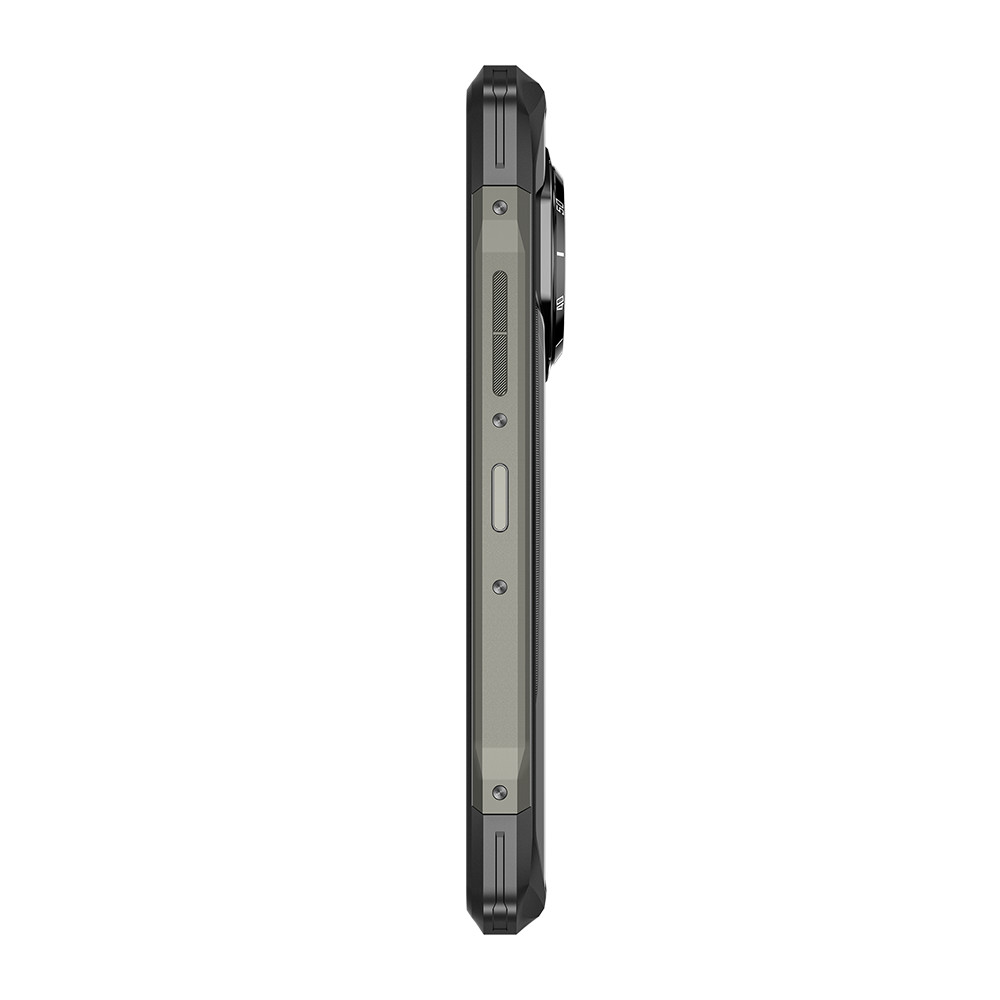 Vista laterale di uno smartphone nero. Il lato ha pulsanti e un design robusto.