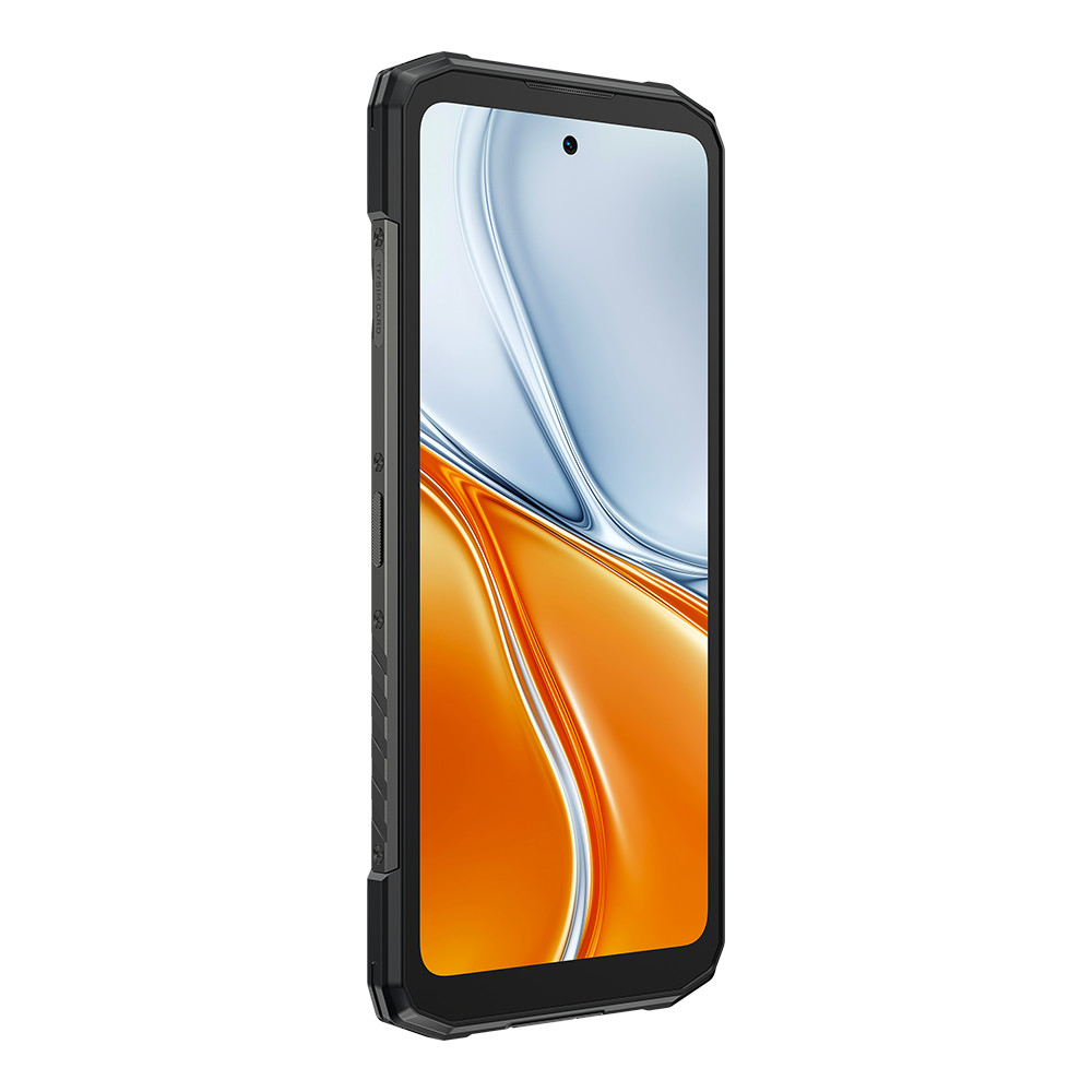 Czarny smartfon z jasnym pomarańczowo-niebieskim abstrakcyjnym wzorem na ekranie.