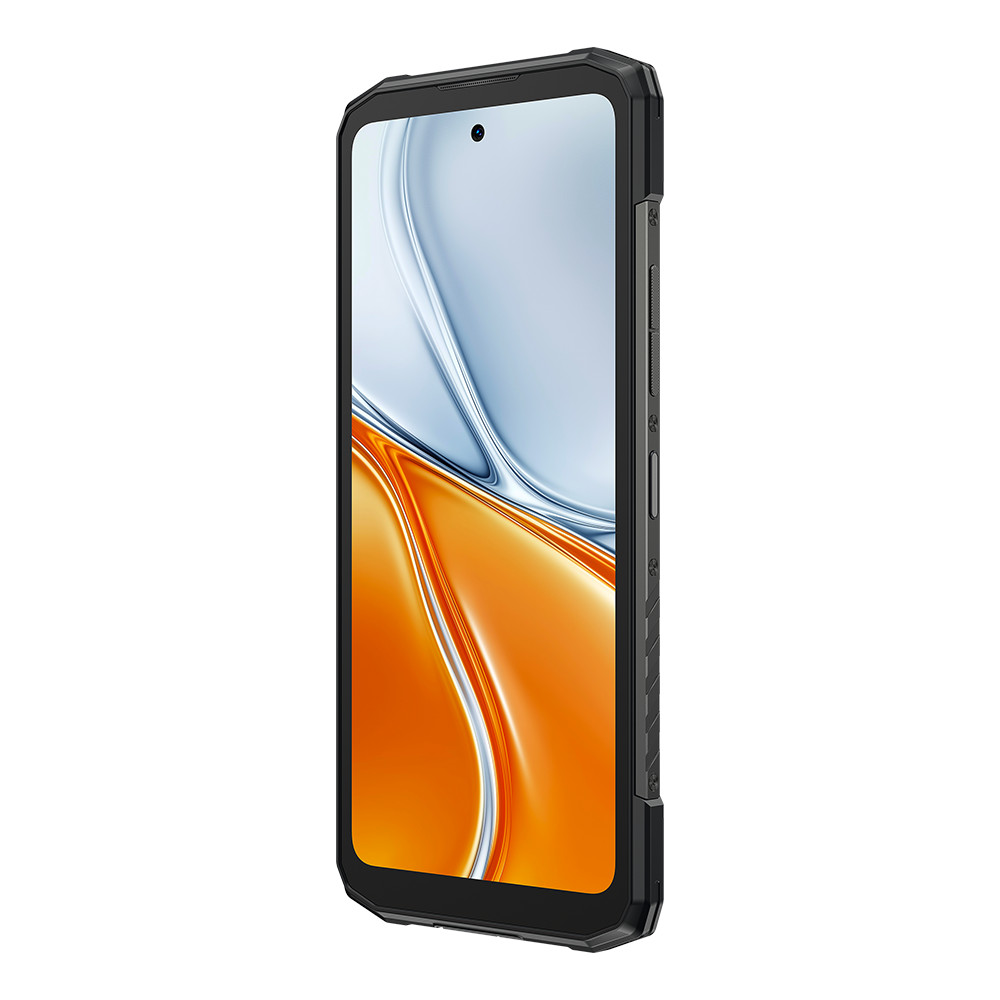 Czarny smartfon, wyświetlający niebiesko-pomarańczowy abstrakcyjny wzór na ekranie.