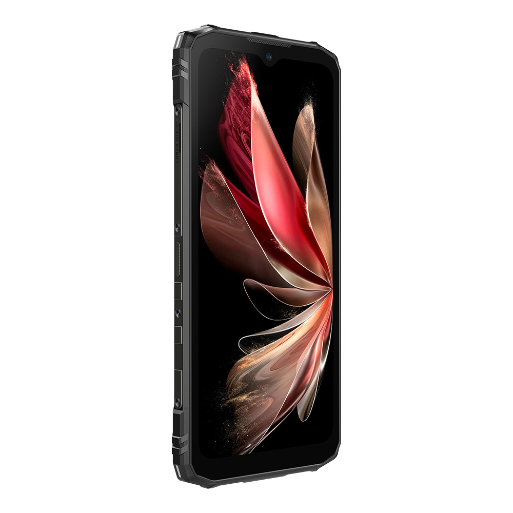Smartphone nero con un design floreale rosso e oro sullo schermo. Il telefono è angolato.