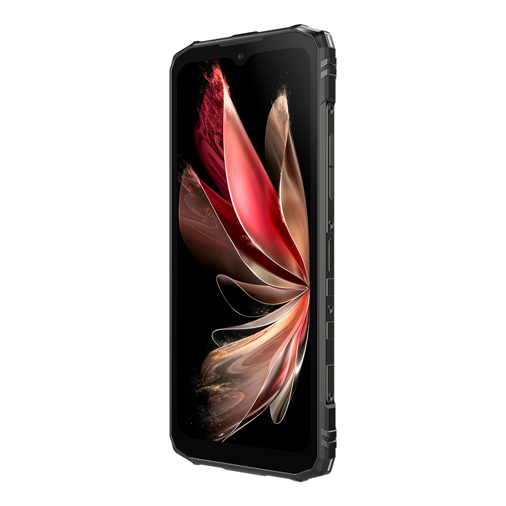 Smartphone nero con un design floreale rosso e oro sullo schermo. Il telefono è angolato.