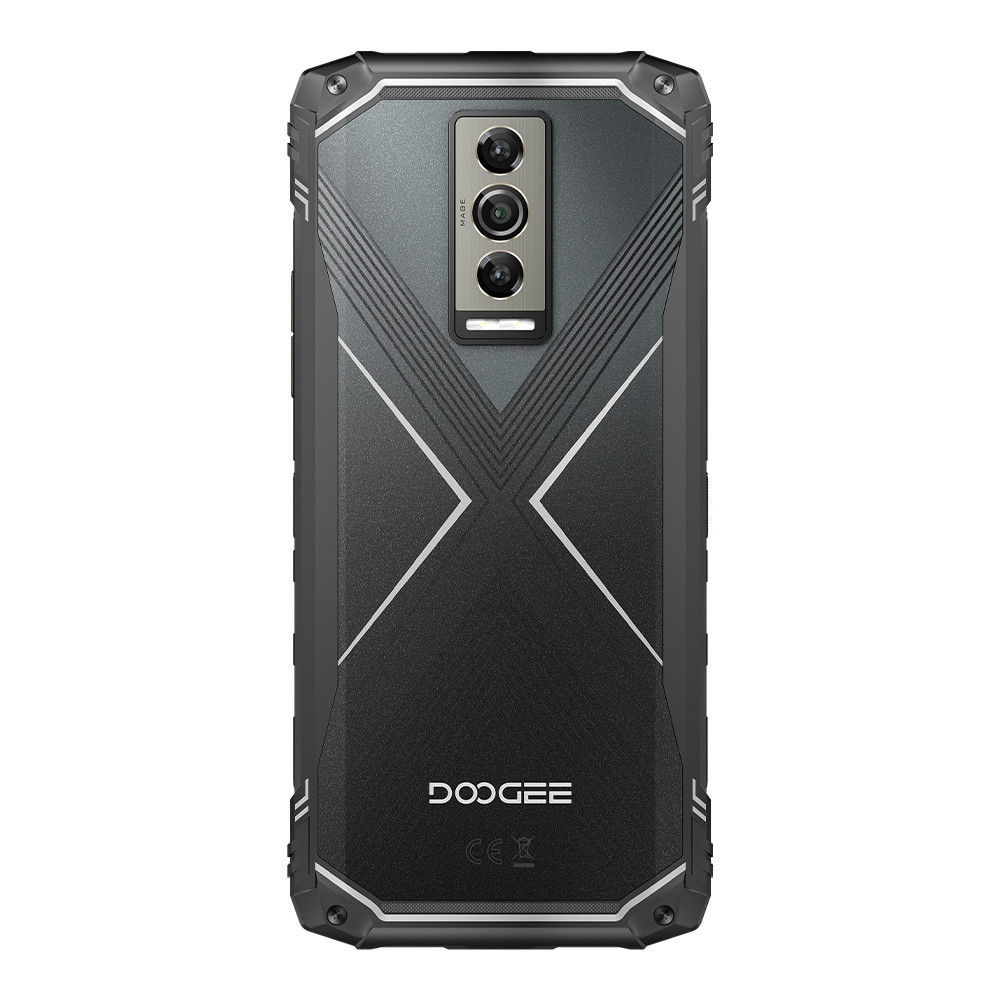 Retro di uno smartphone nero con configurazione a tripla fotocamera e logo Doogee.