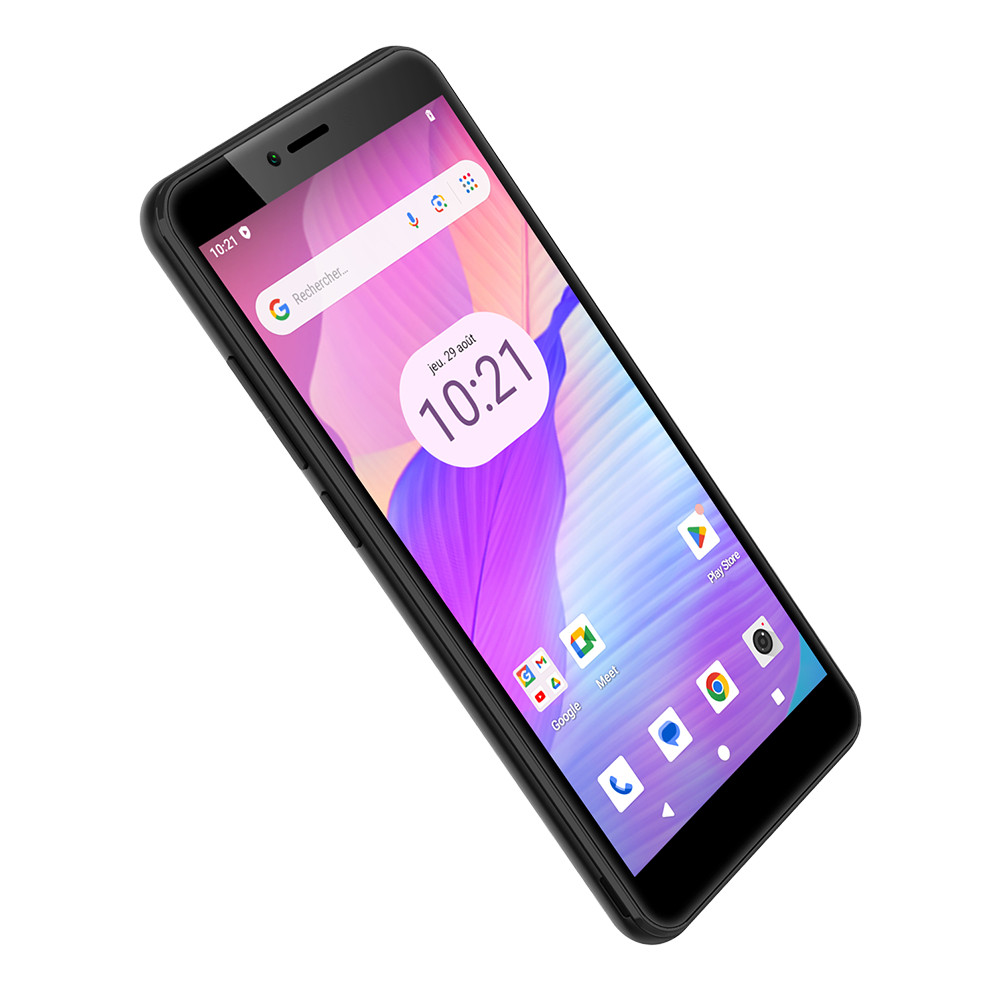 Smartphone nero. Lo schermo mostra sfondo viola e rosa con data e ora. Icone delle app in basso.