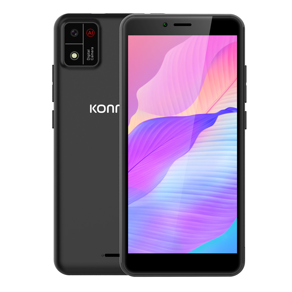 Smartphone nero. Lo schermo mostra sfondo viola e rosa. Il retro mostra il marchio 'konrow'.
