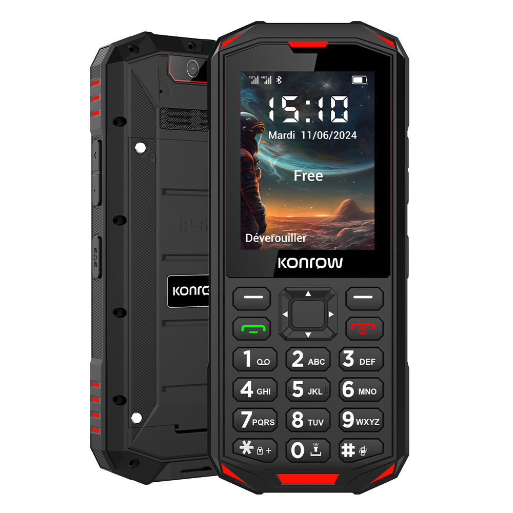 Czarny, wytrzymały smartfon, pokazujący ekran z obrazem astronauty. Wyświetlana jest godzina i data.