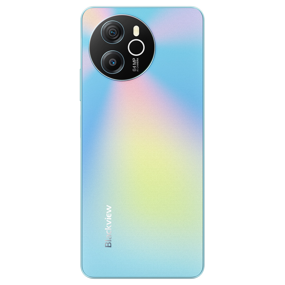 Retro smartphone azzurro con doppia fotocamera. Logo Blackview. Gradiente azzurro, bianco e giallo.