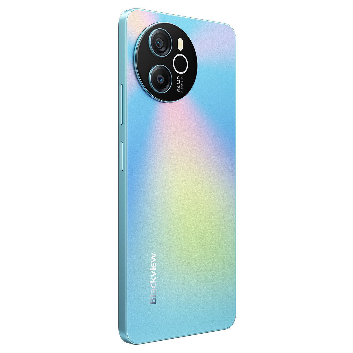Telefono azzurro con tre fotocamere sul retro e il logo Blackview.