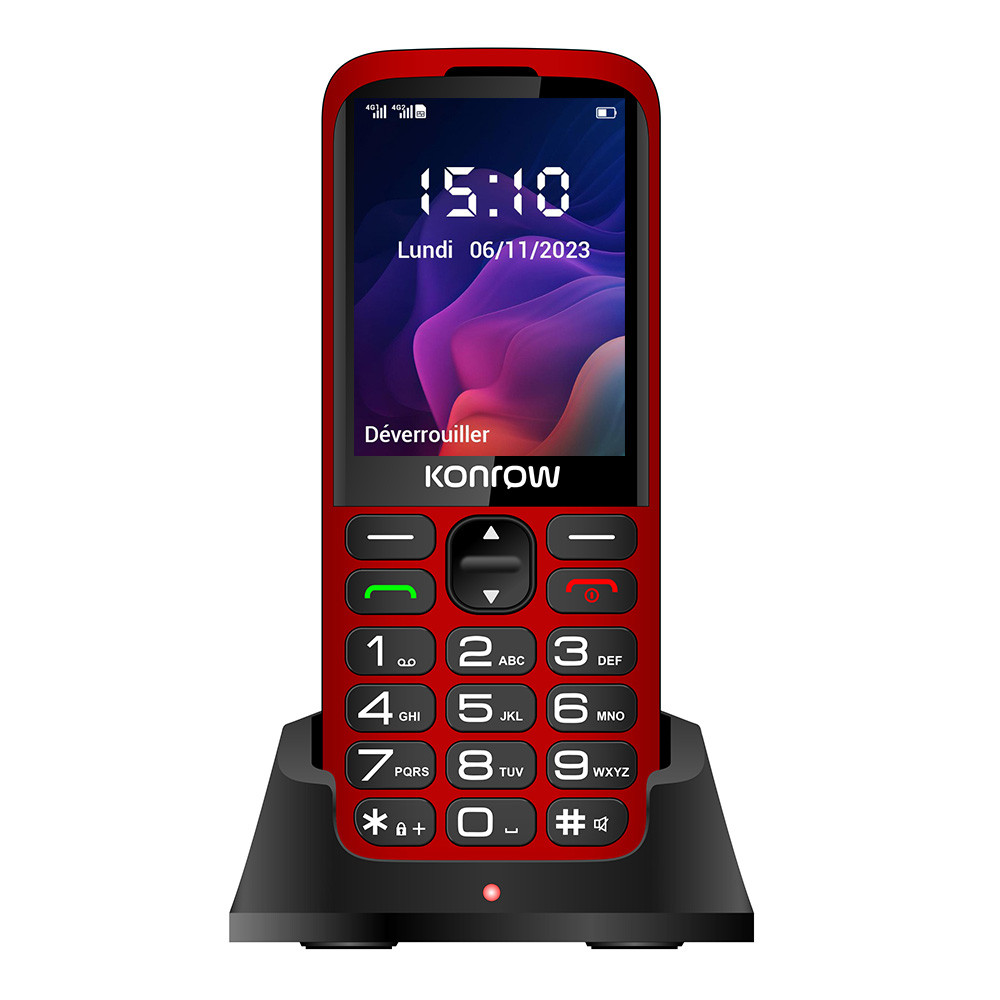Telefono Konrow rosso con base di ricarica. Mostra ora e data in francese.