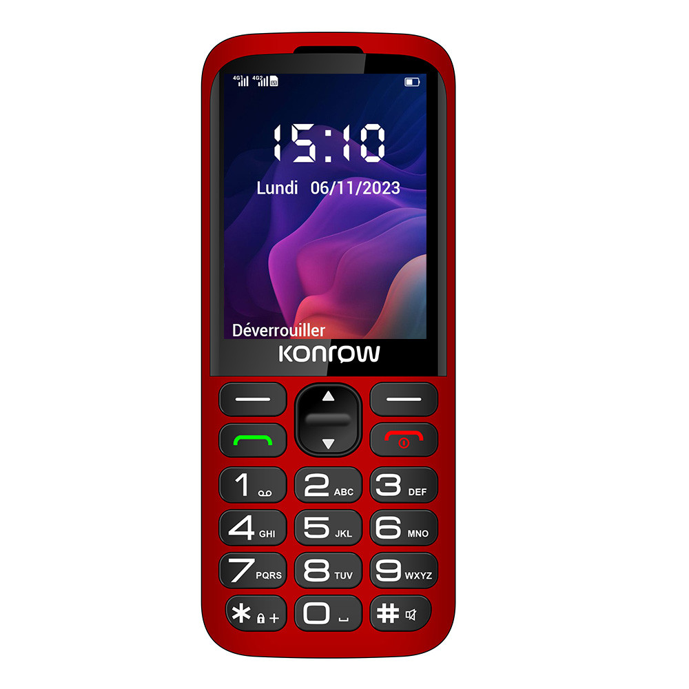 Telefono rosso con schermo che mostra ora e data. Tasti neri. Marchio Konrow sul telefono.