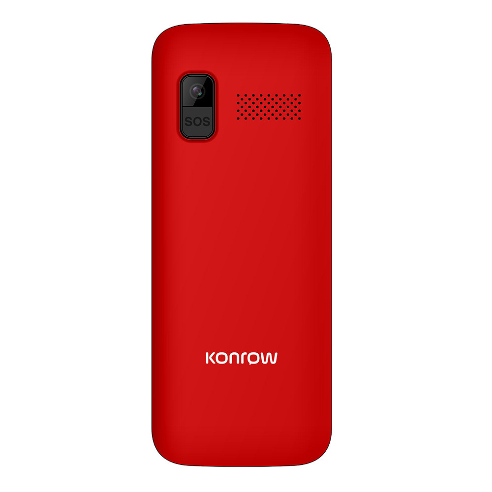 Retro del telefono Konrow rosso con fotocamera, simbolo SOS e logo Konrow.