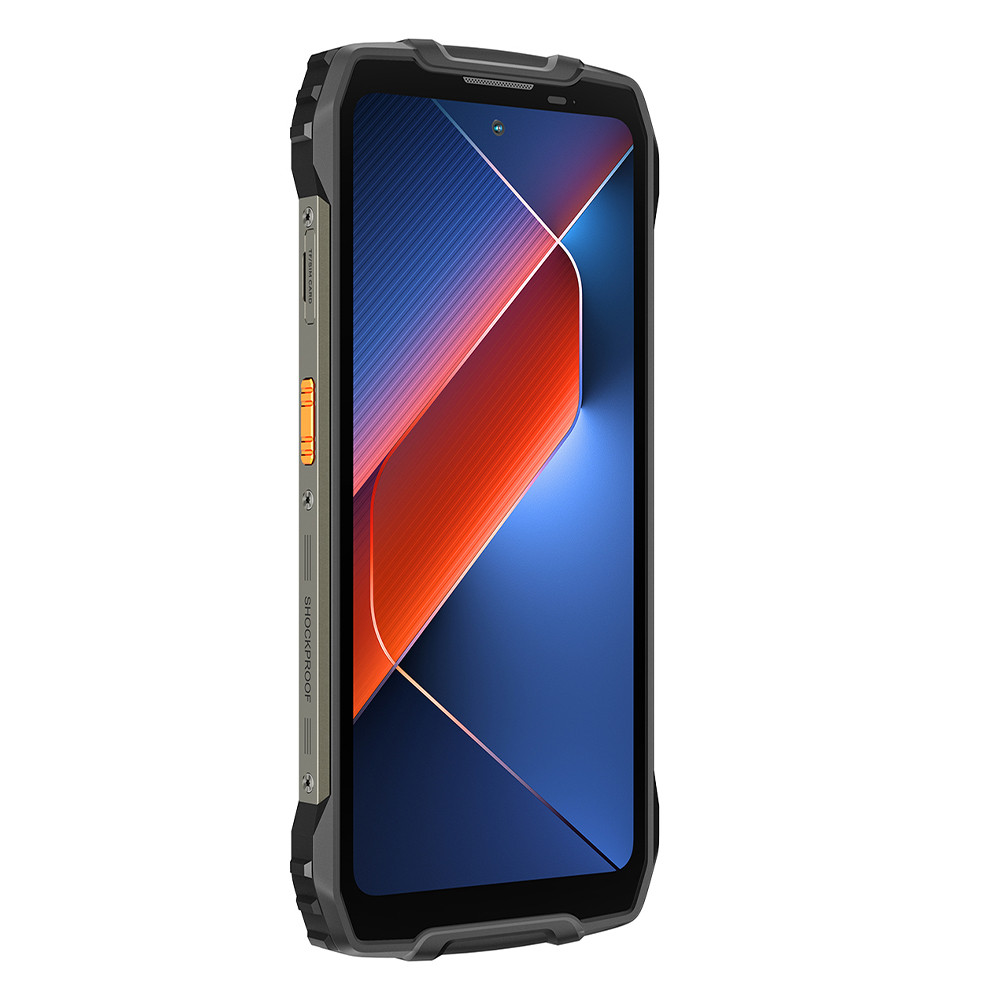Czarny smartfon z czerwonym i niebieskim abstrakcyjnym wzorem. Czarna ramka. Napis Shockproof.
