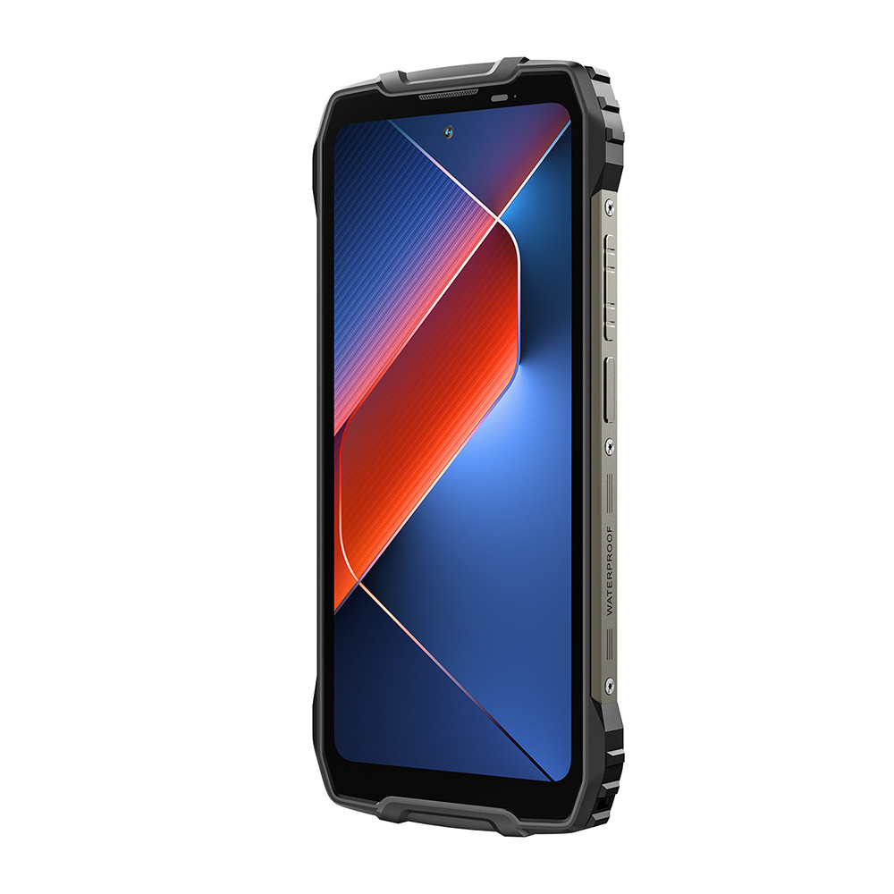 Czarny smartfon, wyświetlający niebiesko-czerwony abstrakcyjny wzór, z zielonymi przyciskami.