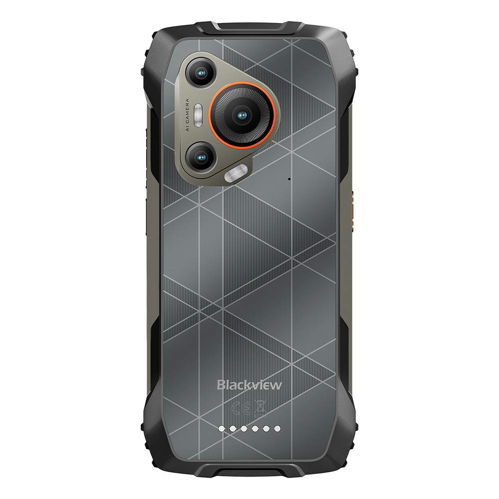 Tył telefonu Blackview z aparatem, szarym geometrycznym wzorem i logo Blackview.