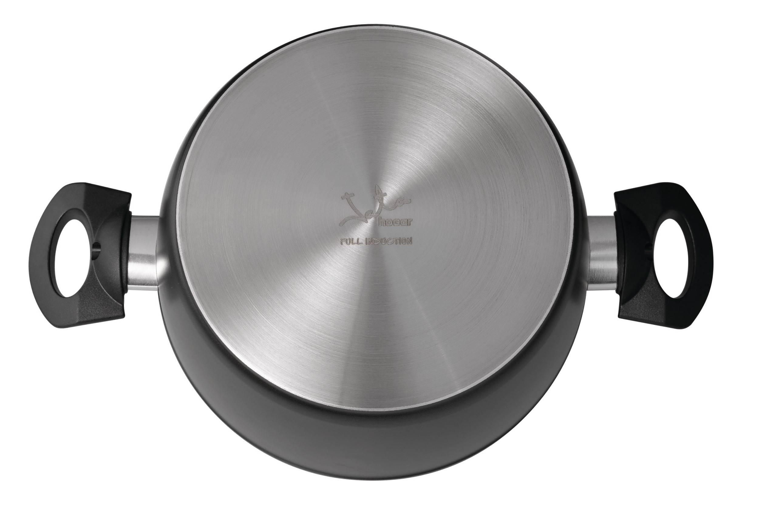 Spód czarnego garnka ze srebrną podstawą. Garnek ma dwa uchwyty. Tło jest białe.