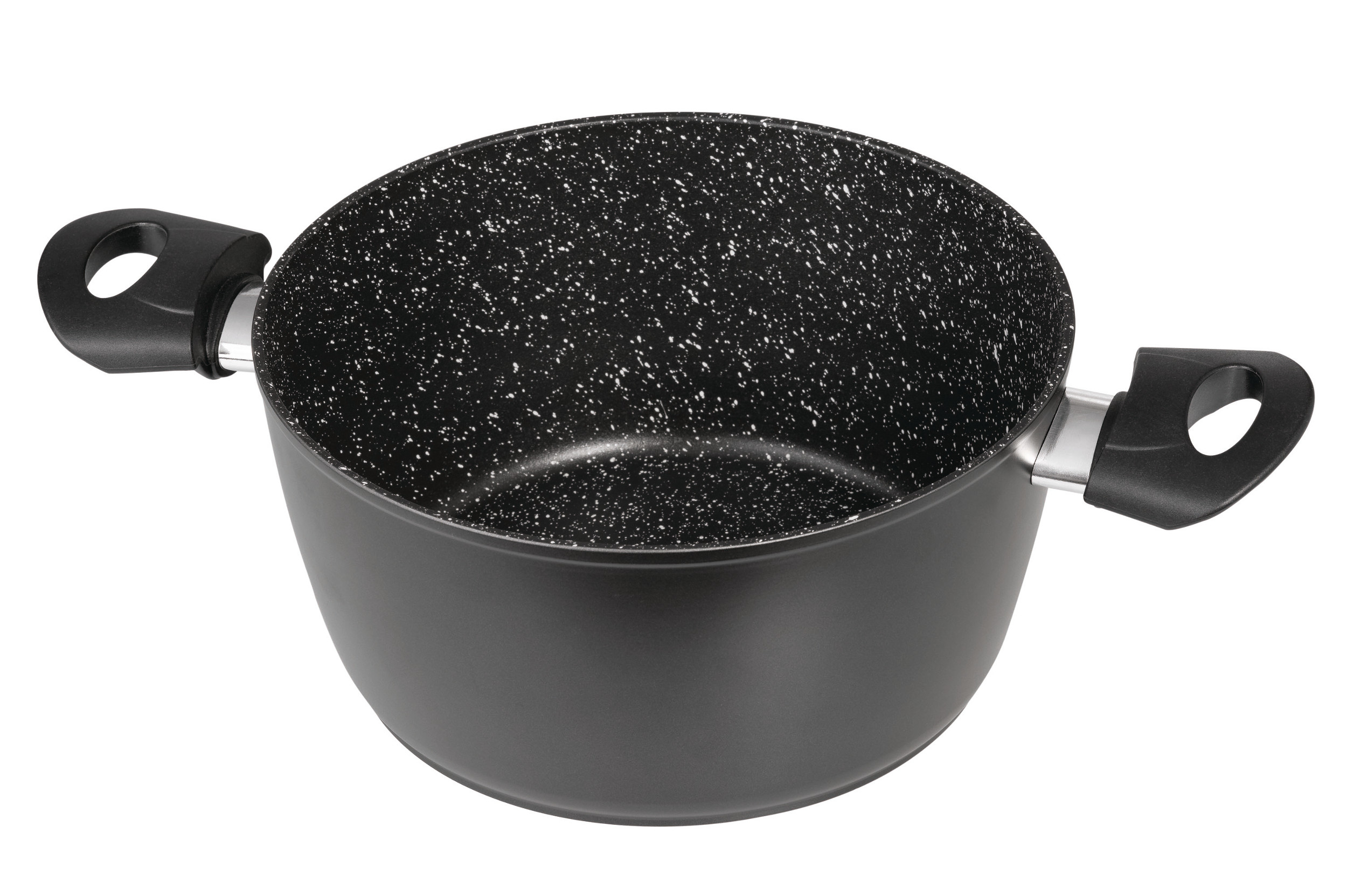 Czarny garnek z dwoma uchwytami. Garnek ma nakrapiane wnętrze i jest na białym tle.
