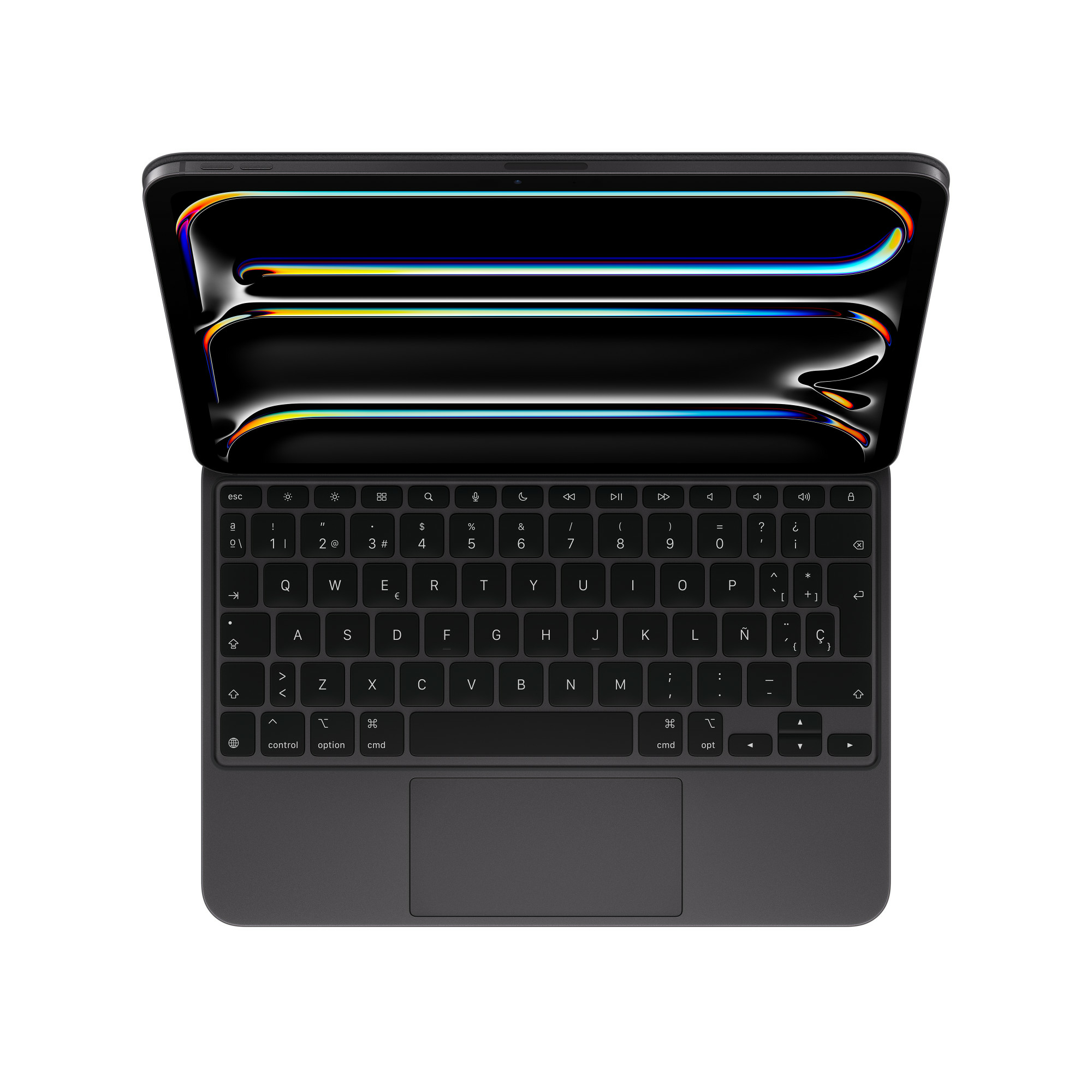 Klawiatura laptopa z ciemną powierzchnią i ekranem. Tło jest białe.