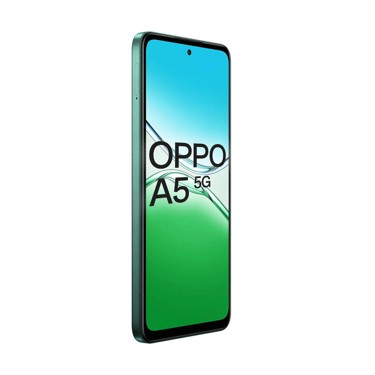 Zielony smartfon z ekranem 'OPPO A5 5G'. Ekran ma gradienty. Białe tło.