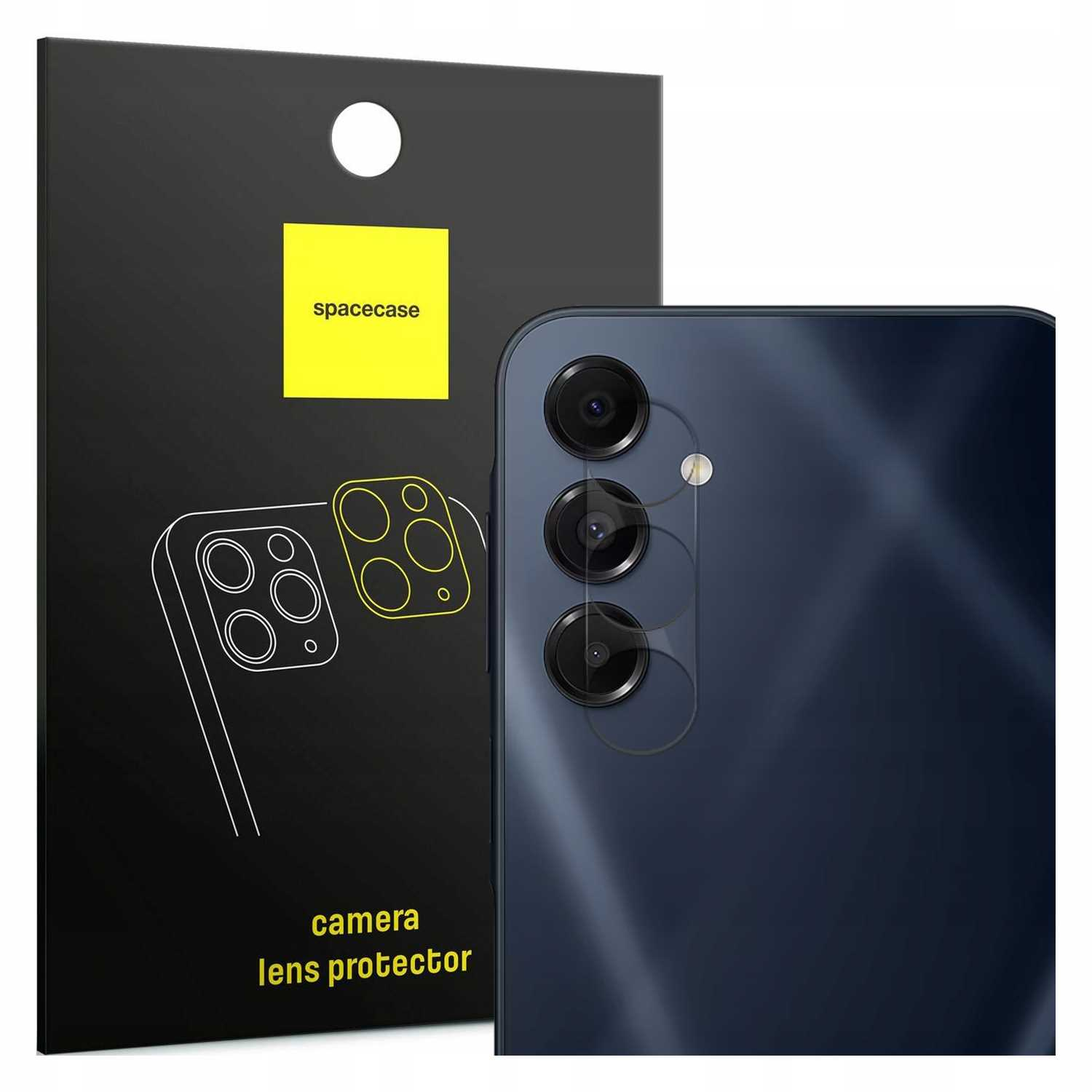 Tył smartfona z obiektywami i ochroną obiektywu Spacecase w pudełku.