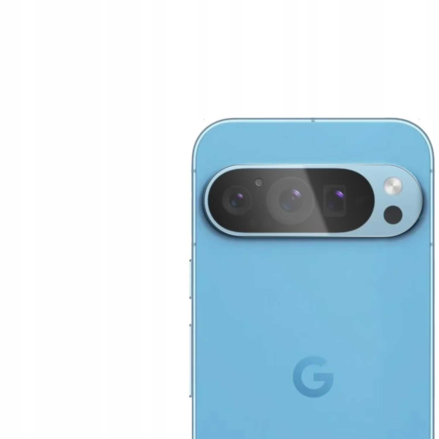 Jasnoniebieski telefon z osłoną obiektywu, z jedną soczewką.