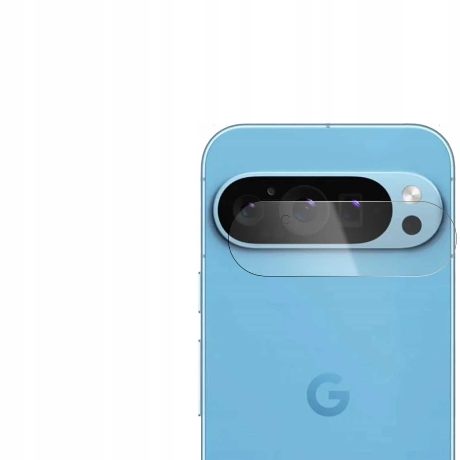 Jasnoniebieski telefon z osłoną obiektywu, z jedną soczewką.