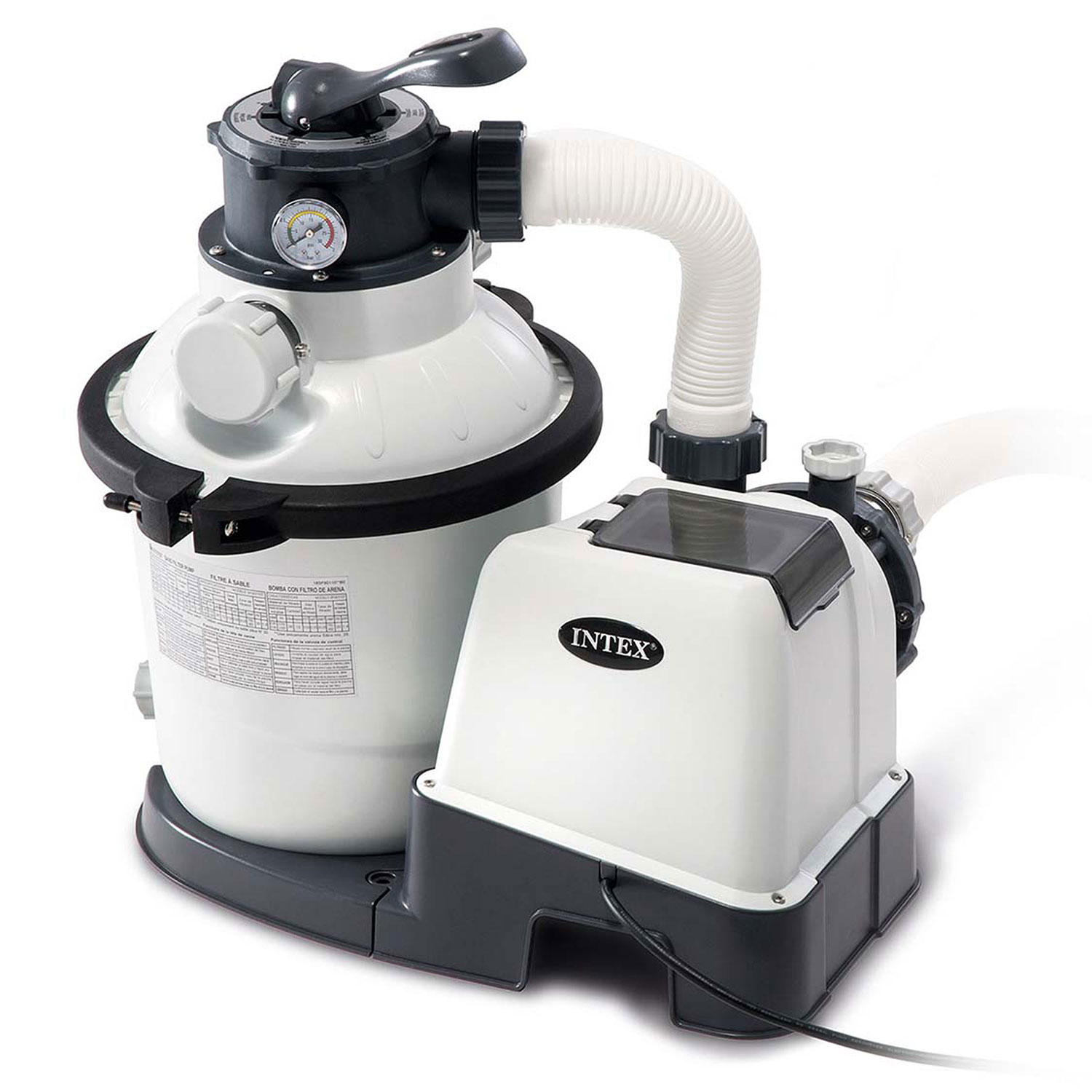 Biało-szary system filtracji basenu z pompą. Tło jest białe.