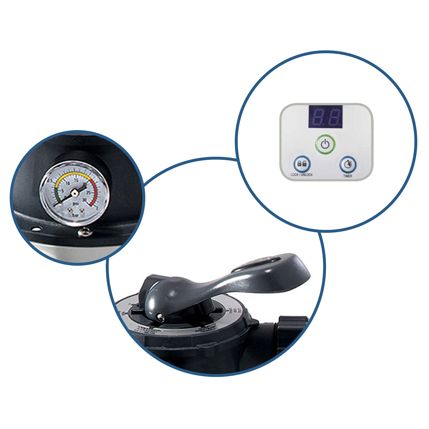 Pokazano trzy okrągłe detale: wskaźnik, wyświetlacz cyfrowy i dźwignię, wszystkie na ciemnym tle.