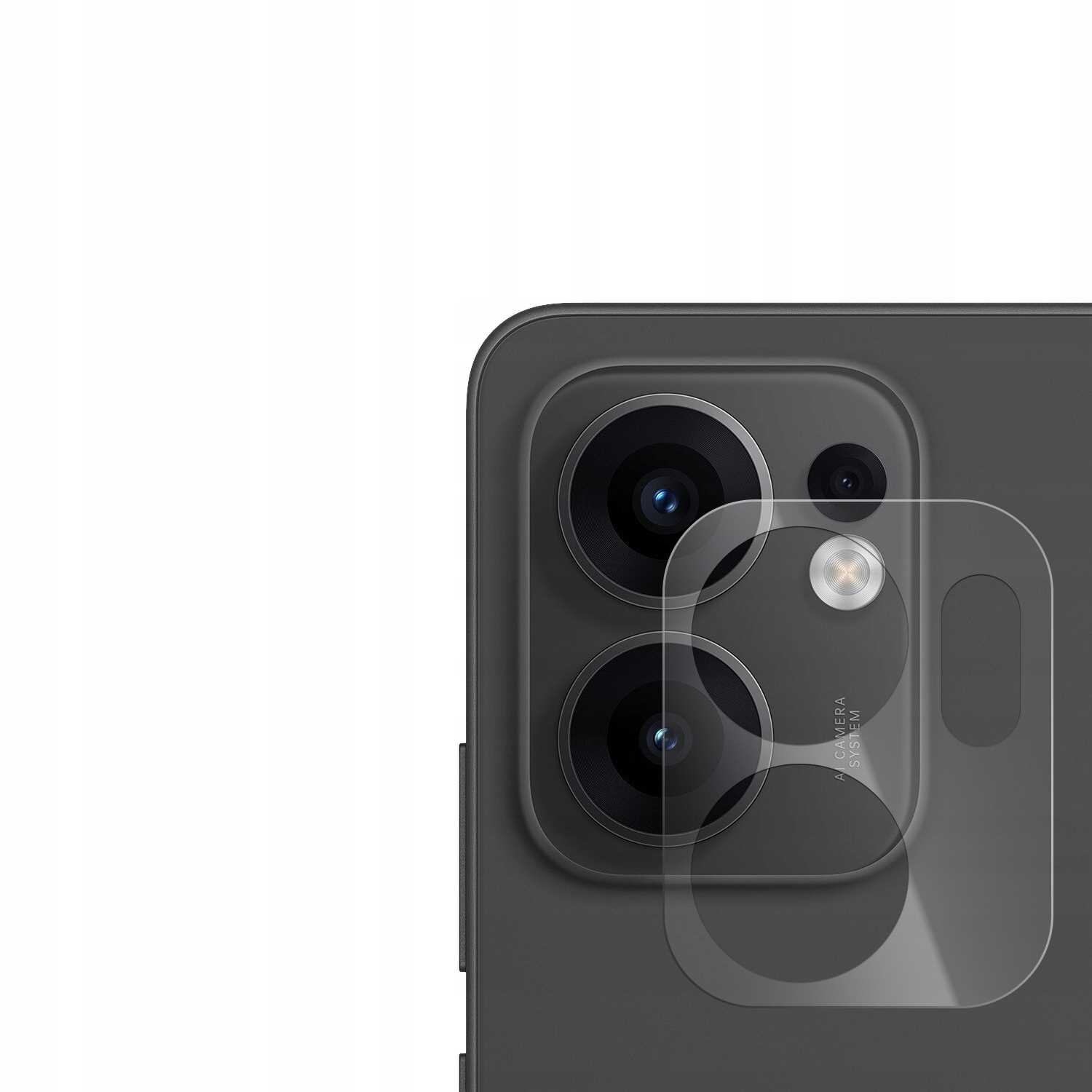 Zbliżenie czarnego telefonu z osłoną aparatu. Ochrona mówi 'AI CAMERA SYSTEM'.