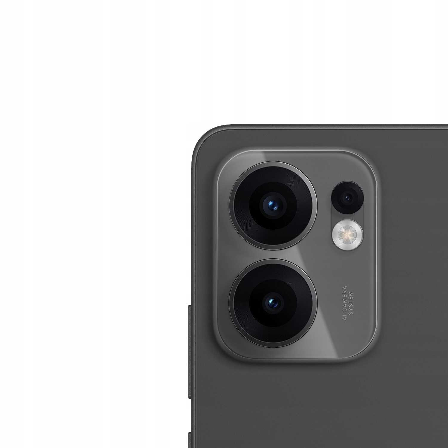 Zbliżenie ciemnego telefonu z osłoną aparatu. Aparat ma trzy obiektywy.